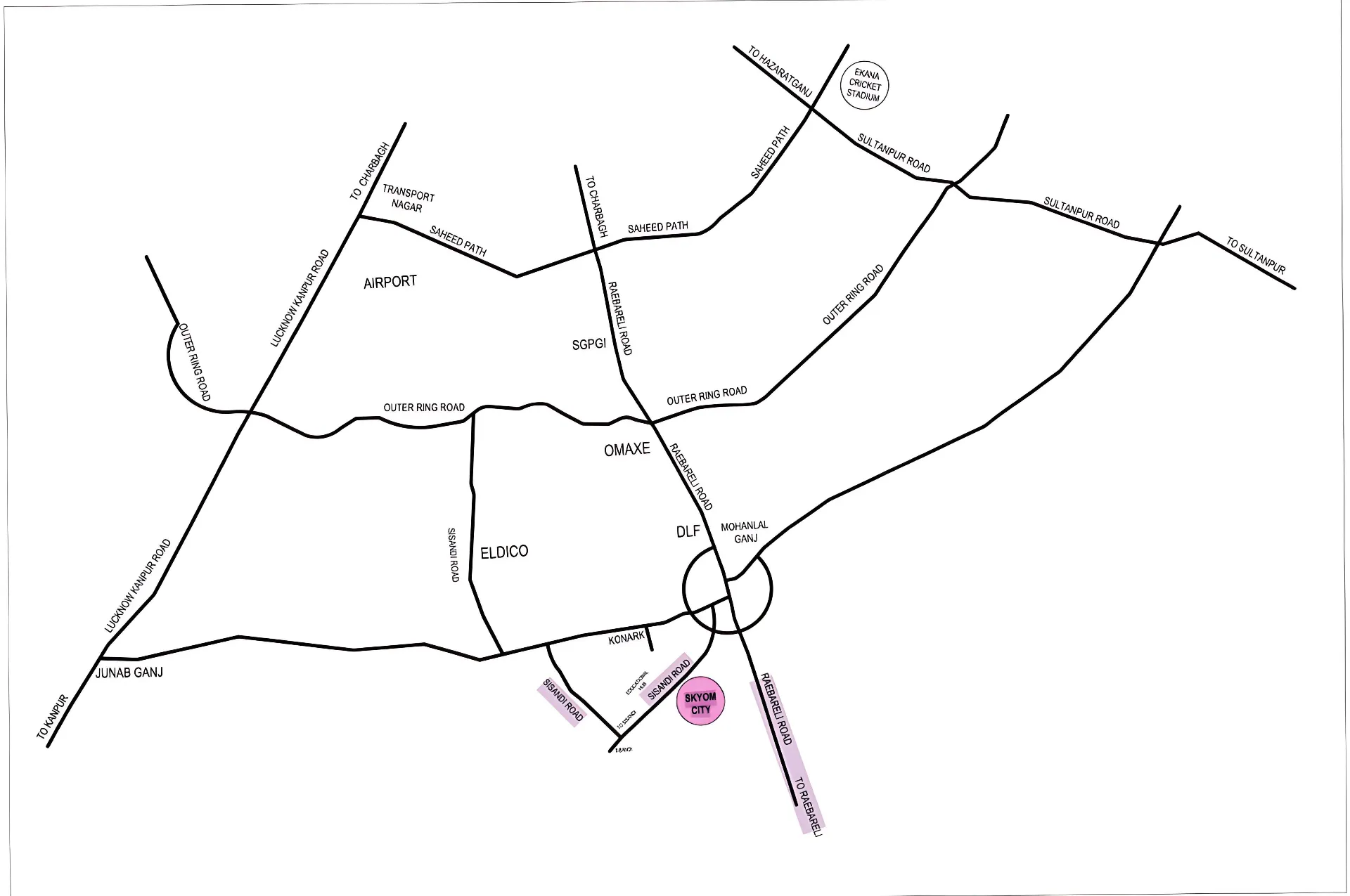 SkyOm City Lucknow Location Map showing proximity to major roads and landmarks