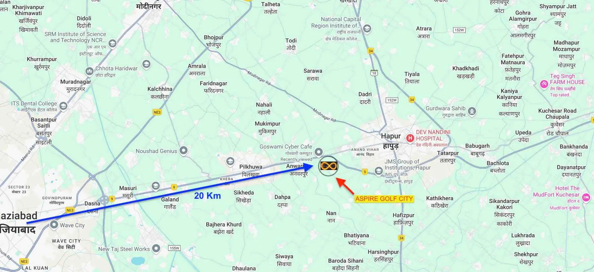 Location map showing Aspire Golf City's proximity to Ghaziabad and Delhi NCR